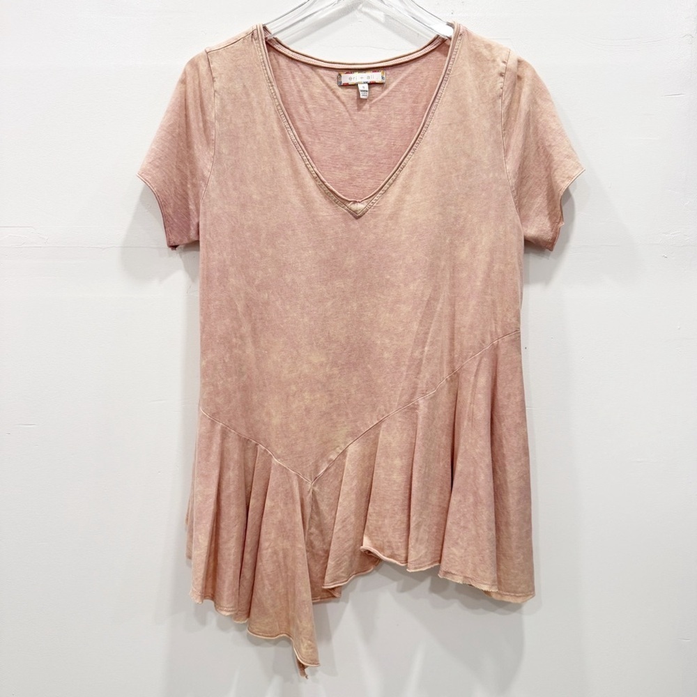 Anthropologie Eri + Ali Peach Tie Dye Asymmetric Short Sleeve Top V-Neck Cotton